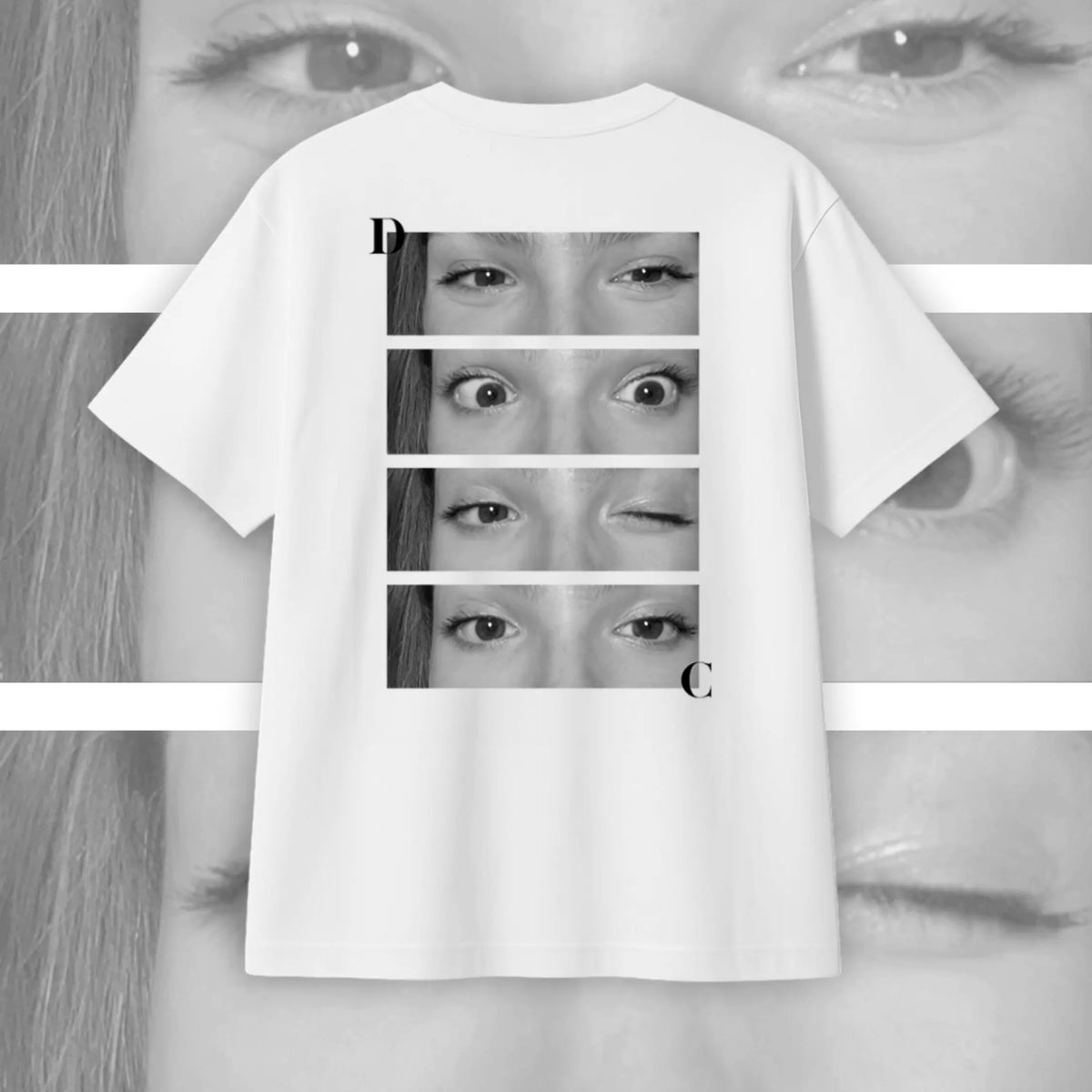 lang:all Fehér "Love your eyes" póló, négy szempár fotókollázs-mintával a háton