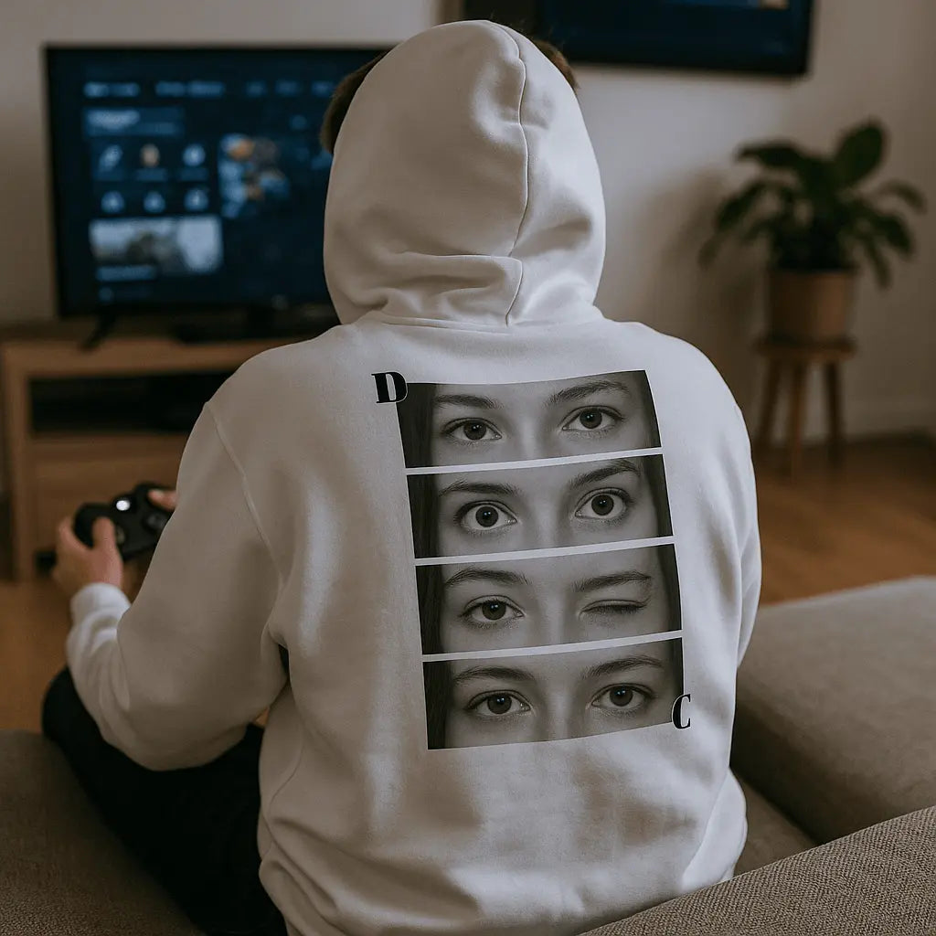 lang:all "Love your eyes" fehér pulcsi viselve, otthoni környezetben